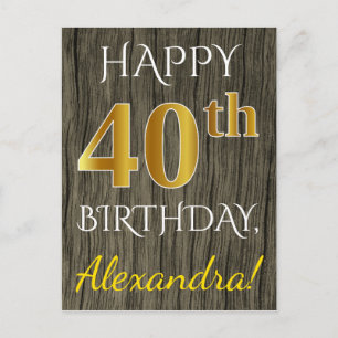 Postal Faux Wood, Faux Gold 40th Birthday + Custom Name