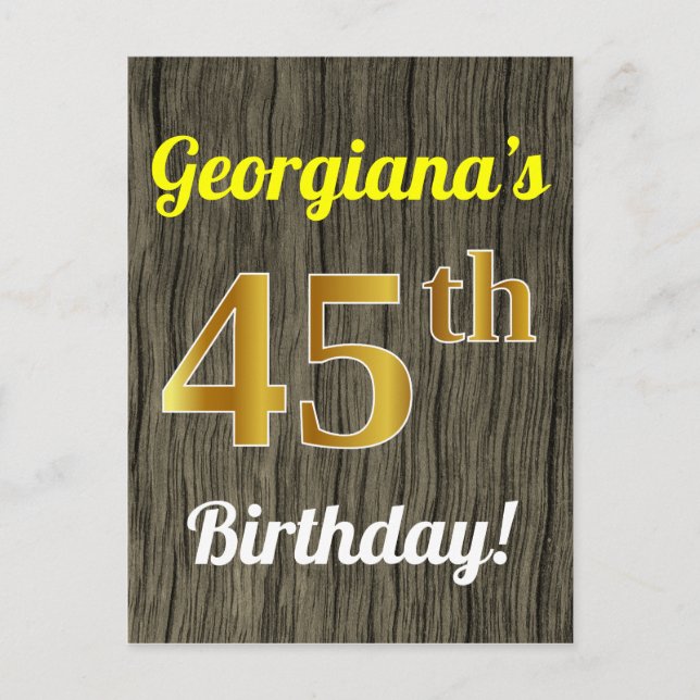 Postal Faux Wood, Faux Gold 45th Birthday & Custom Name (Anverso)