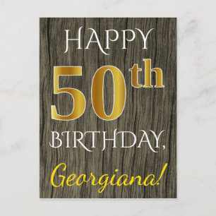 Postal Faux Wood, Faux Gold 50th Birthday + Custom Name