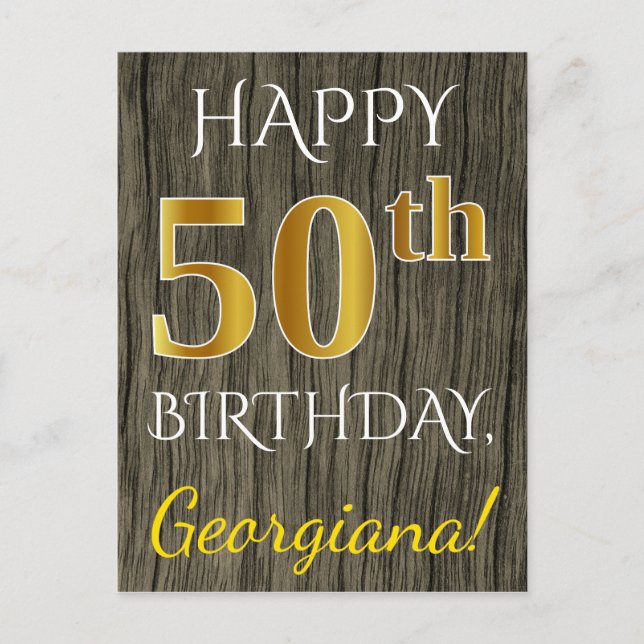 Postal Faux Wood, Faux Gold 50th Birthday + Custom Name (Anverso)