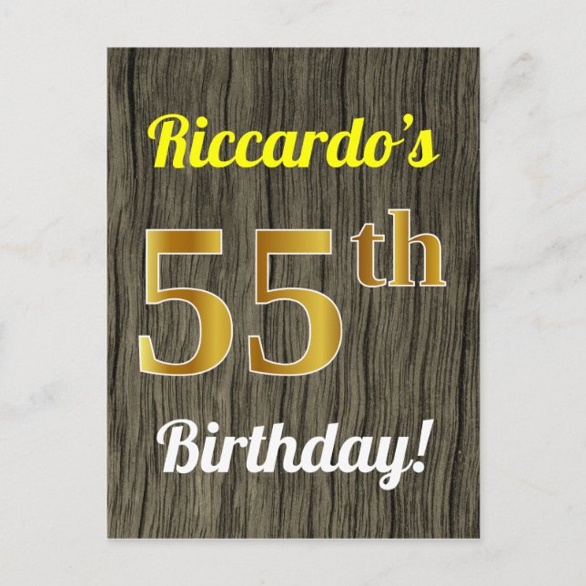 Postal Faux Wood, Faux Gold 55th Birthday & Custom Name (Anverso)
