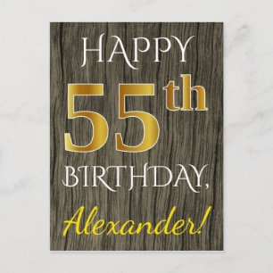 Postal Faux Wood, Faux Gold 55th Birthday + Custom Name