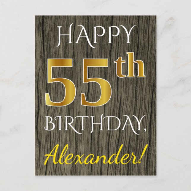 Postal Faux Wood, Faux Gold 55th Birthday + Custom Name (Anverso)