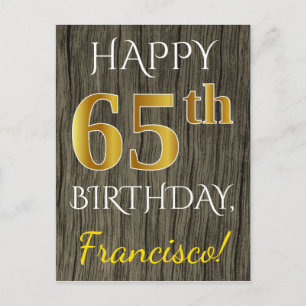 Postal Faux Wood, Faux Gold 65th Birthday + Custom Name