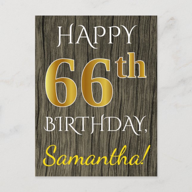 Postal Faux Wood, Faux Gold 66th Birthday + Custom Name (Anverso)
