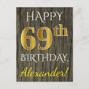 Postal Faux Wood, Faux Gold 69th Birthday + Custom Name