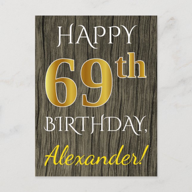 Postal Faux Wood, Faux Gold 69th Birthday + Custom Name (Anverso)