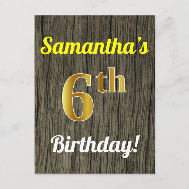 Postal Faux Wood, Faux Gold 6Birthday & Custom Name (Anverso)