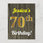 Postal Faux Wood, Faux Gold 70th Birthday & Custom Name<br><div class="desc">Este diseño de postal sencillo, personalizado y con temática de cumpleaños presenta un mensaje de personalizable como "¡70 cumpleaños de Jessica!" en la parte delantera, donde se puede cambiar el nombre, y con el "70" que tiene un aspecto falso dorado. En la parte delantera también hay un fondo de madera...</div>