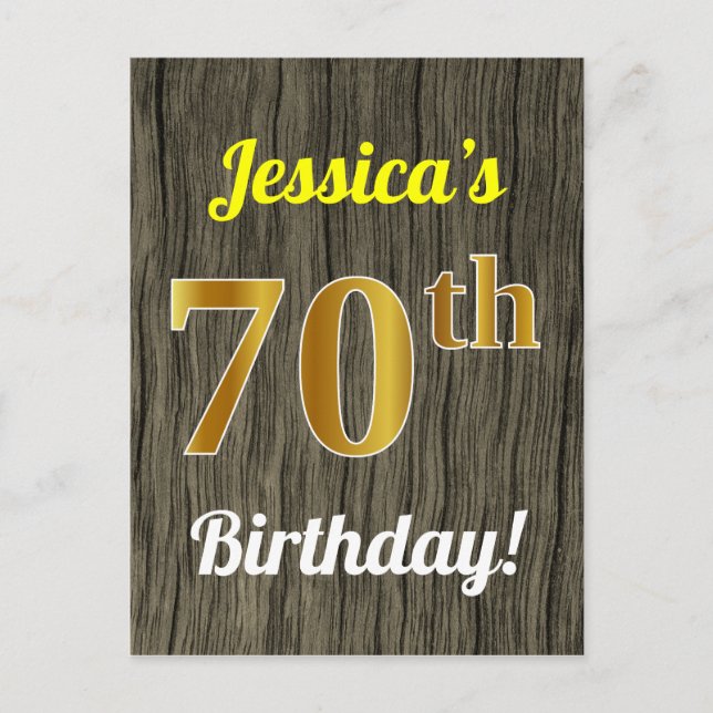 Postal Faux Wood, Faux Gold 70th Birthday & Custom Name (Anverso)