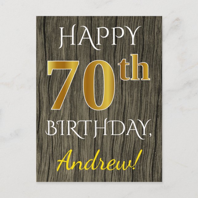 Postal Faux Wood, Faux Gold 70th Birthday + Custom Name (Anverso)
