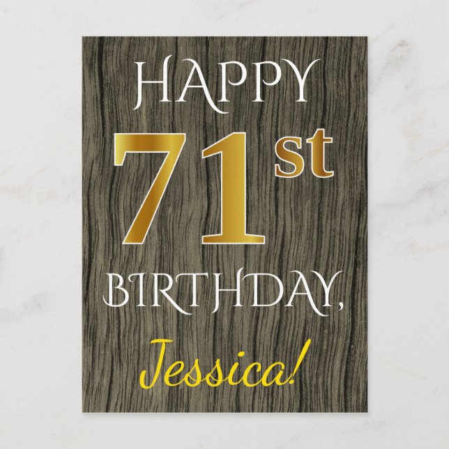 Postal Faux Wood, Faux Gold 71st Birthday + Custom Name (Anverso)