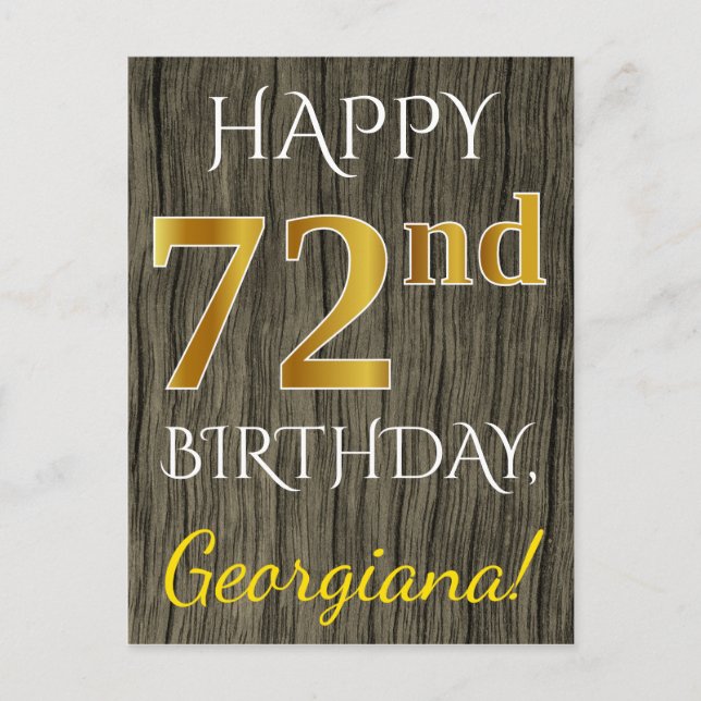 Postal Faux Wood, Faux Gold 72nd Birthday + Custom Name (Anverso)
