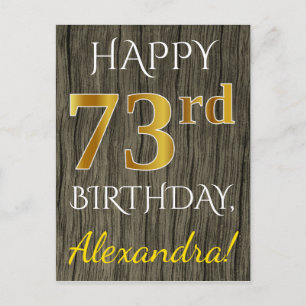 Postal Faux Wood, Faux Gold 73rd Birthday + Custom Name