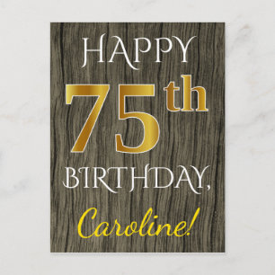 Postal Faux Wood, Faux Gold 75th Birthday + Custom Name