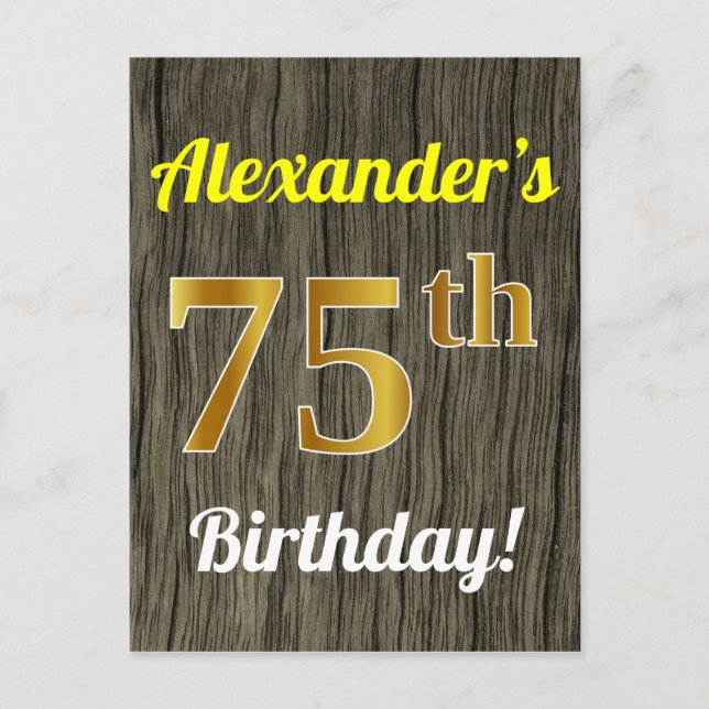 Postal Faux Wood, Faux Gold 75th Birthday & Custom Name (Anverso)