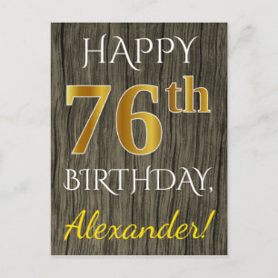 Postal Faux Wood, Faux Gold 76th Birthday + Custom Name