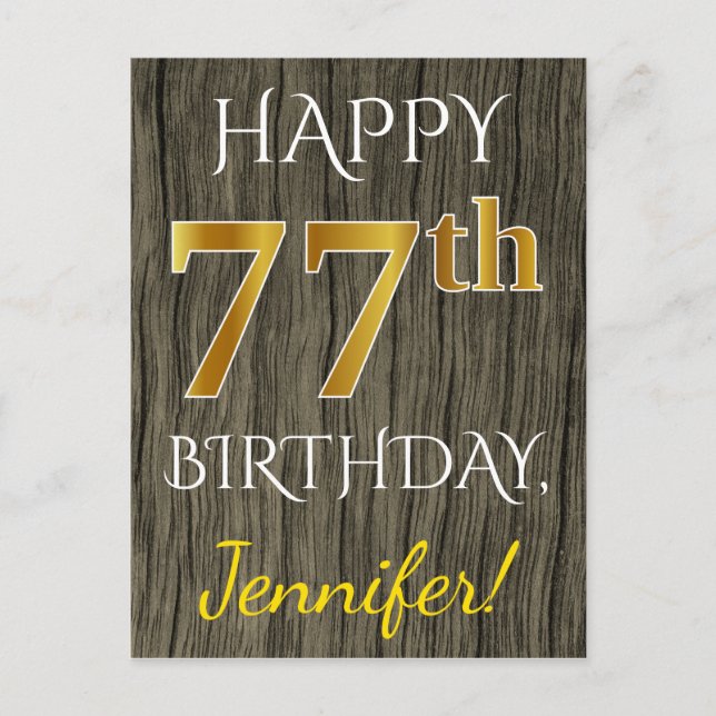 Postal Faux Wood, Faux Gold 77th Birthday + Custom Name (Anverso)