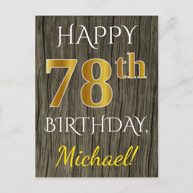Postal Faux Wood, Faux Gold 78th Birthday + Custom Name (Anverso)