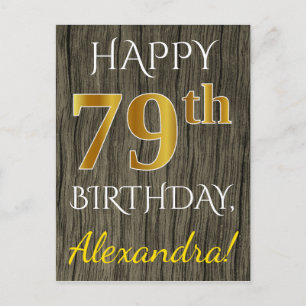 Postal Faux Wood, Faux Gold 79th Birthday + Custom Name