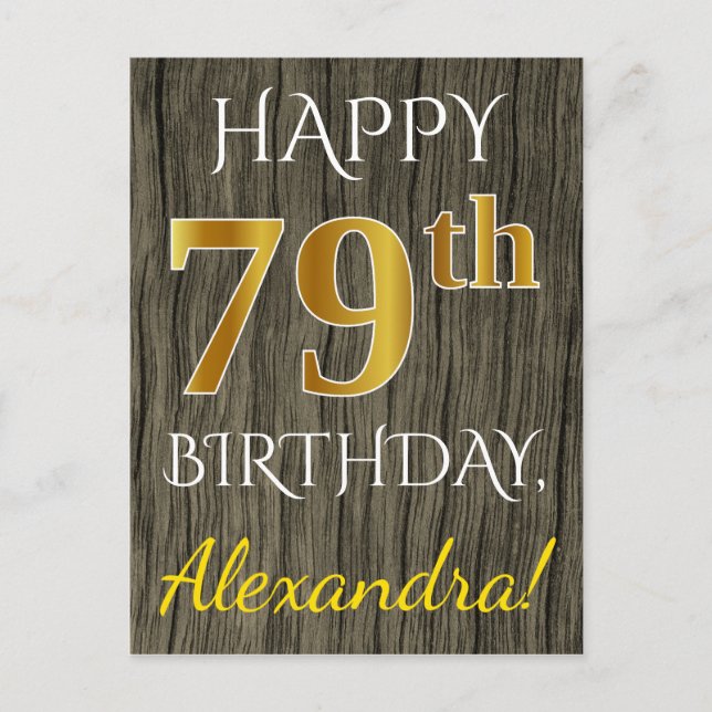 Postal Faux Wood, Faux Gold 79th Birthday + Custom Name (Anverso)