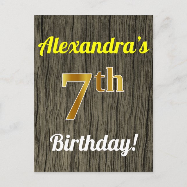 Postal Faux Wood, Faux Gold 7Birthday & Custom Name (Anverso)