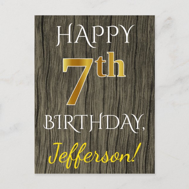 Postal Faux Wood, Faux Gold 7Cumpleaños + Custom Name (Anverso)