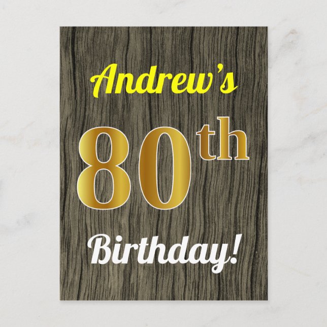 Postal Faux Wood, Faux Gold 80th Birthday & Custom Name (Anverso)