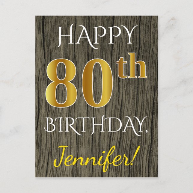 Postal Faux Wood, Faux Gold 80th Birthday + Custom Name (Anverso)