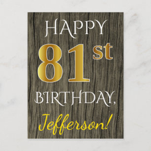 Postal Faux Wood, Faux Gold 81st Birthday + Custom Name