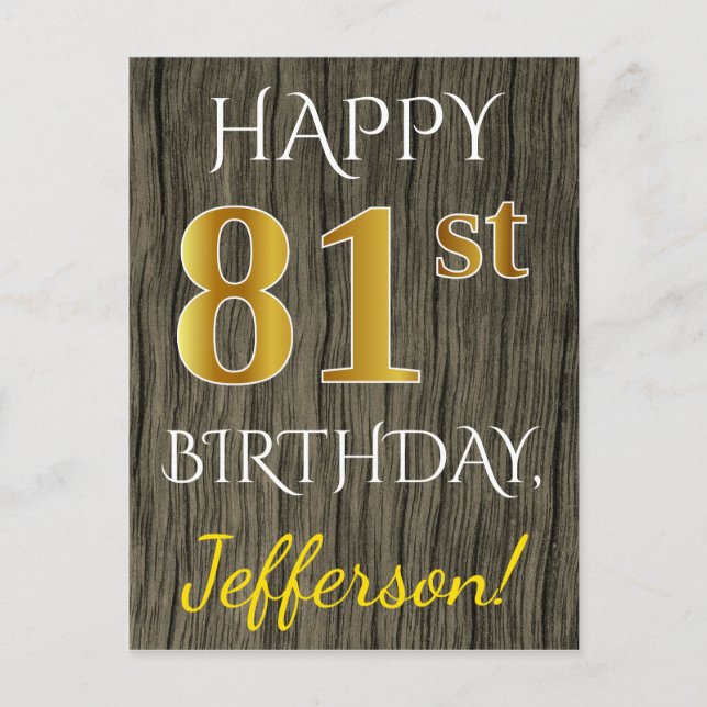 Postal Faux Wood, Faux Gold 81st Birthday + Custom Name (Anverso)