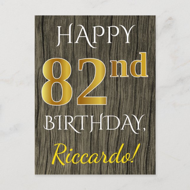 Postal Faux Wood, Faux Gold 82nd Birthday + Custom Name (Anverso)