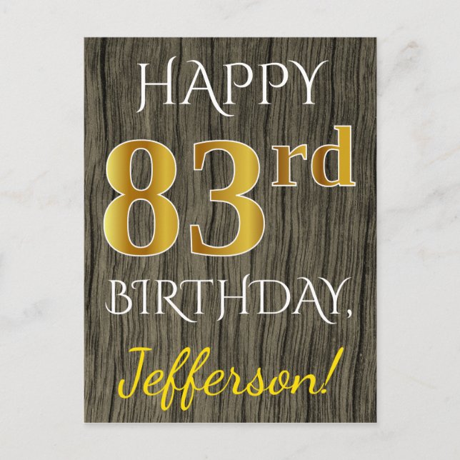 Postal Faux Wood, Faux Gold 83rd Birthday + Custom Name (Anverso)