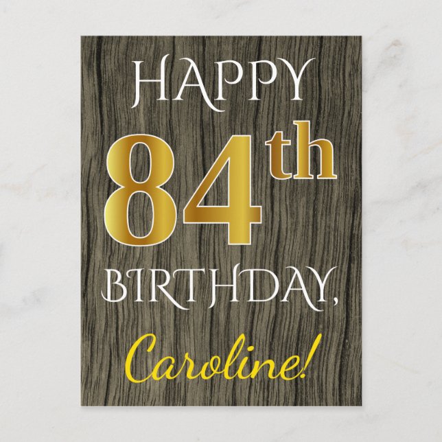 Postal Faux Wood, Faux Gold 84th Birthday + Custom Name (Anverso)