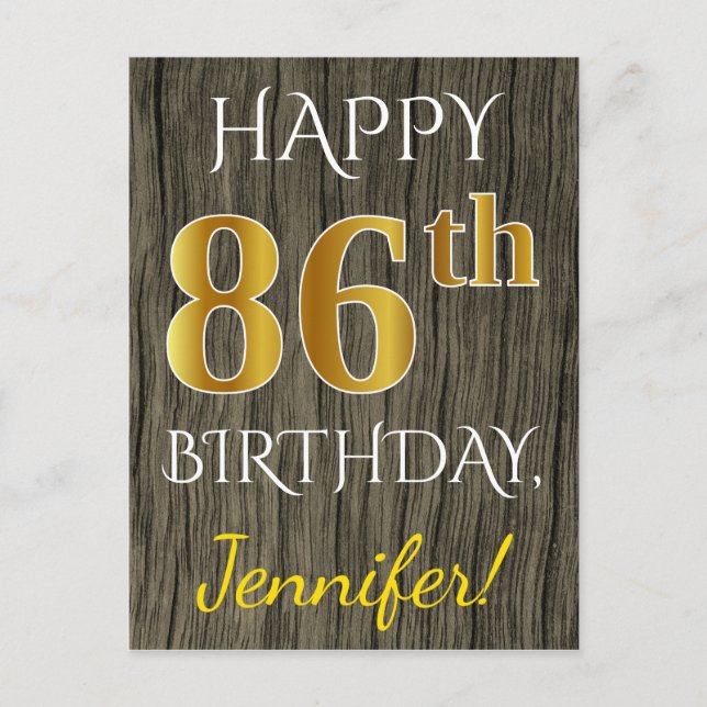 Postal Faux Wood, Faux Gold 86th Birthday + Custom Name (Anverso)