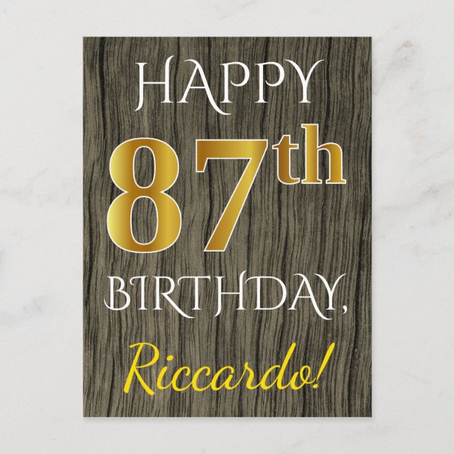 Postal Faux Wood, Faux Gold 87th Birthday + Custom Name (Anverso)