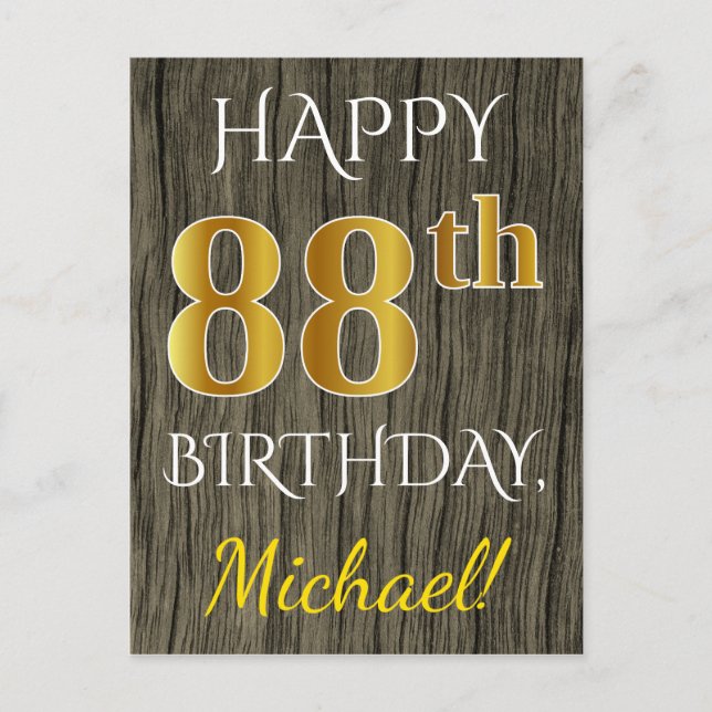 Postal Faux Wood, Faux Gold 88th Birthday + Custom Name (Anverso)