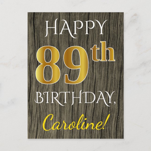 Postal Faux Wood, Faux Gold 89th Birthday + Custom Name (Anverso)