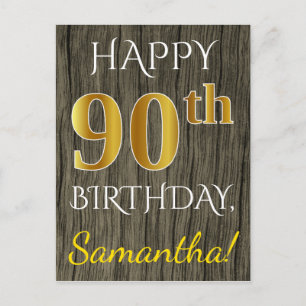 Postal Faux Wood, Faux Gold 90th Birthday + Custom Name