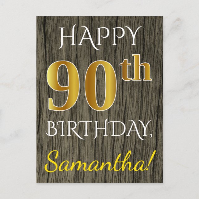 Postal Faux Wood, Faux Gold 90th Birthday + Custom Name (Anverso)