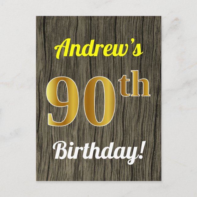 Postal Faux Wood, Faux Gold 90th Birthday & Custom Name (Anverso)