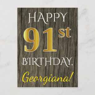 Postal Faux Wood, Faux Gold 91st Birthday + Custom Name