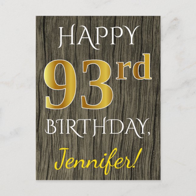 Postal Faux Wood, Faux Gold 93rd Birthday + Custom Name (Anverso)