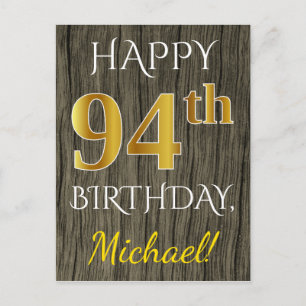 Postal Faux Wood, Faux Gold 94th Birthday + Custom Name