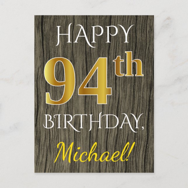 Postal Faux Wood, Faux Gold 94th Birthday + Custom Name (Anverso)