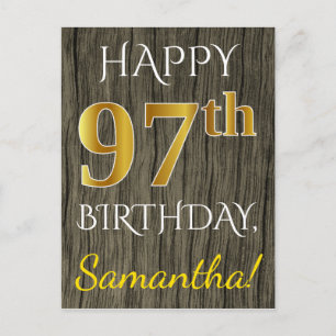 Postal Faux Wood, Faux Gold 97th Birthday + Custom Name