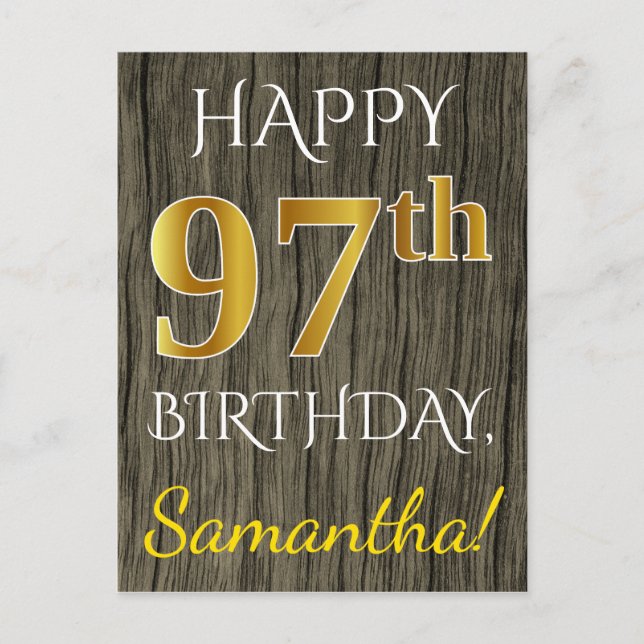 Postal Faux Wood, Faux Gold 97th Birthday + Custom Name (Anverso)