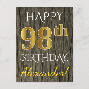 Postal Faux Wood, Faux Gold 98th Birthday + Custom Name