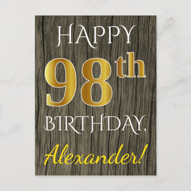 Postal Faux Wood, Faux Gold 98th Birthday + Custom Name (Anverso)