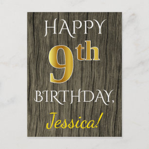Postal Faux Wood, Faux Gold 9Cumpleaños + Custom Name